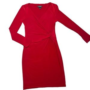 LRL Red Faux Wrap/ Rouched Dress V- Neck with Long Sleeves Knee Length Size 6
